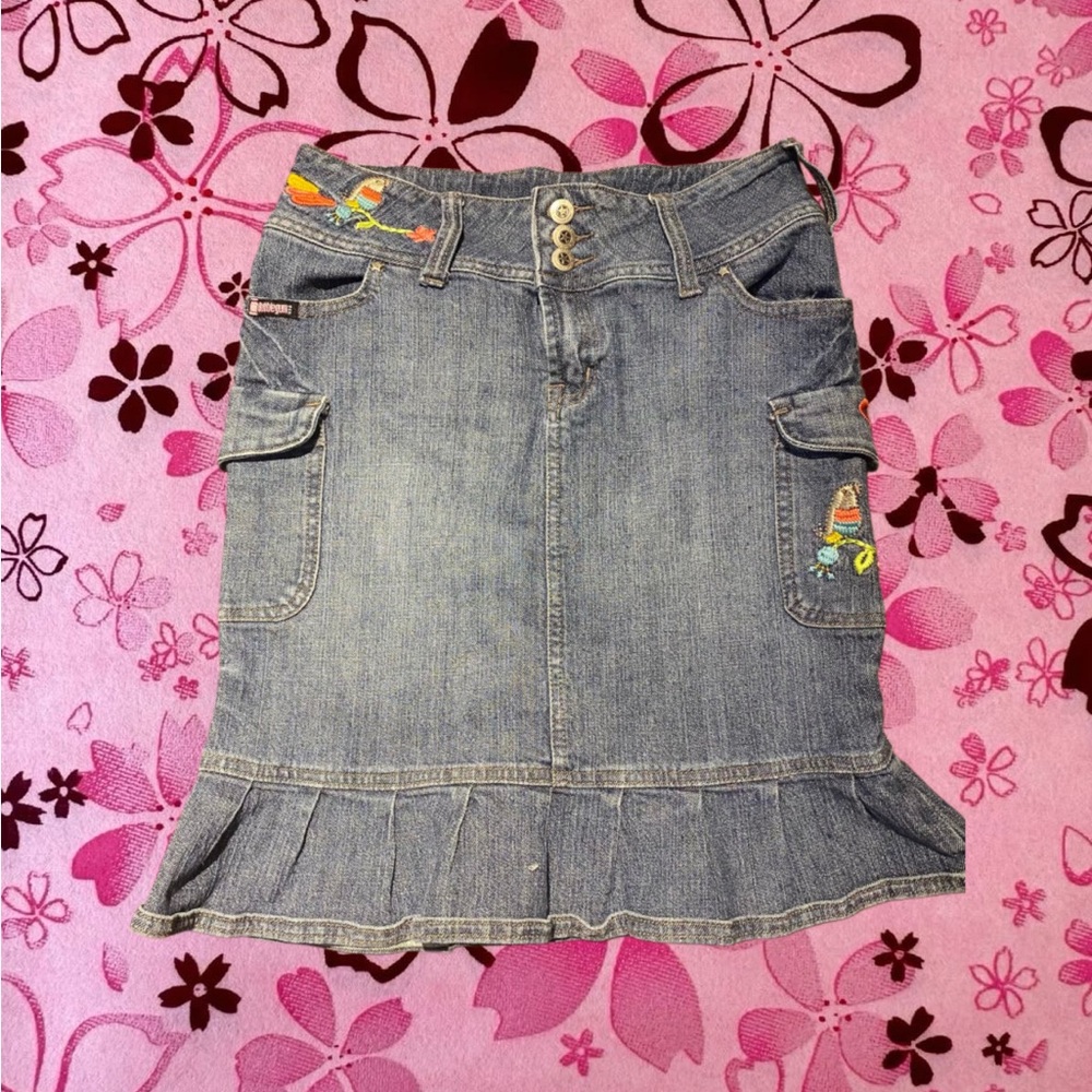 Bubblegum Blue Denim Mini Skirt with Floral Embroidery
